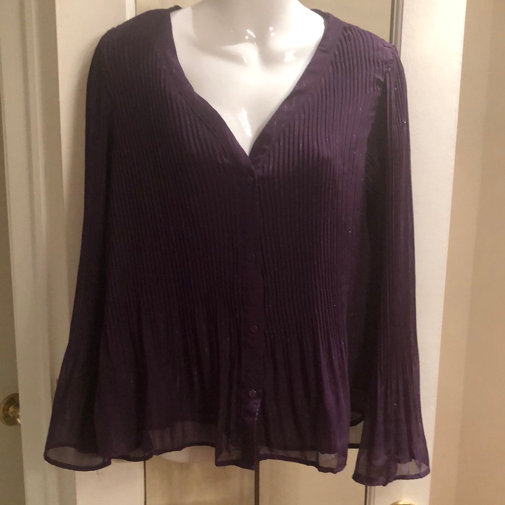 Women's Purple Pleated V-Neck Button Front Top